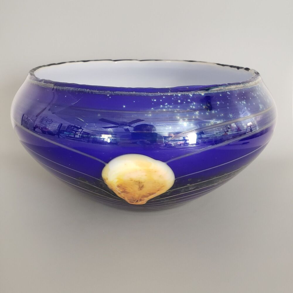 Exbor Czech Studio Art Glass 9" Bowl Vase Banded Swirl Hand Blown Signed